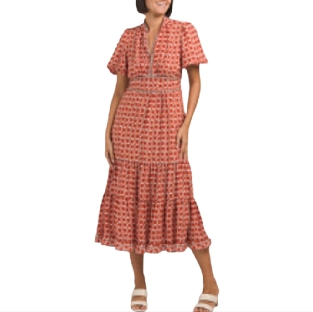 Max Studio Red Patterned Midi Ruffled Flutter Sleeve Dress Plus Size 3X 2X New